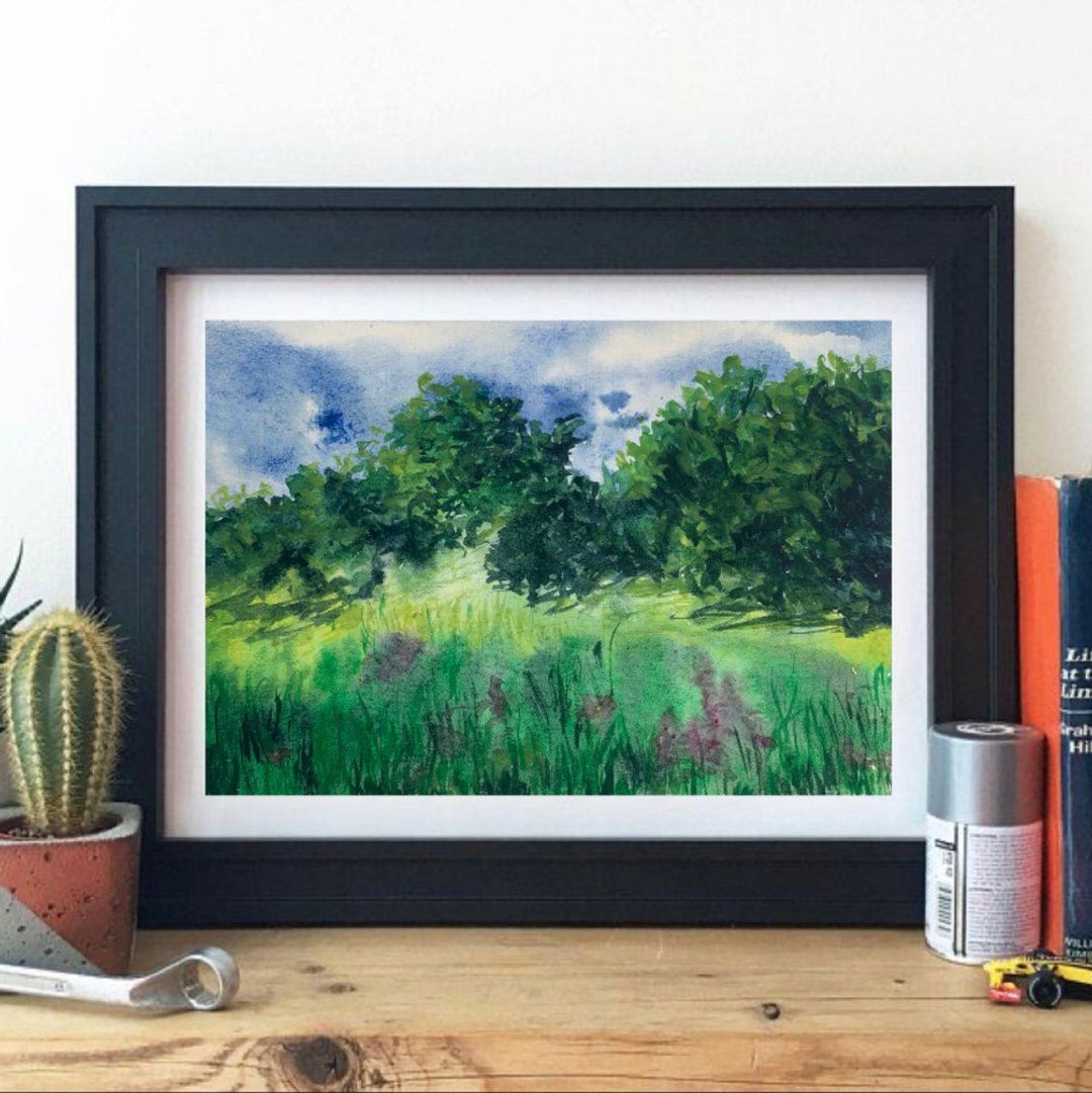 Original Green Watercolor Landscape Forest Painting Field Landscape Flowers Art - 墙贴/壁贴 - 纸 绿色