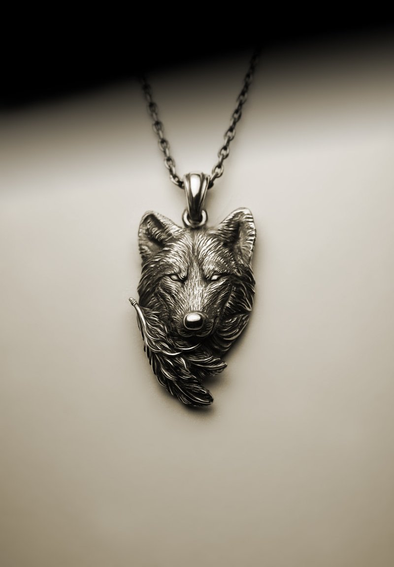 印地安大狼头羽毛项链 - 项链 - 其他金属 银色