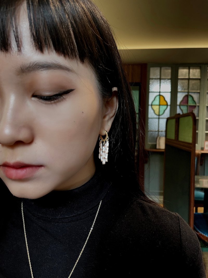 【白羽】流苏耳饰 | 日本米珠 / 金色珠饰 - 耳环/耳夹 - 玻璃 白色