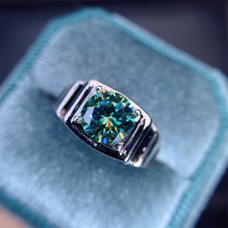 Moissanite Men's Ring, 2 Ct Green Moissanite Ring, Moissanite Silver Ring - 戒指 - 其他金属 银色