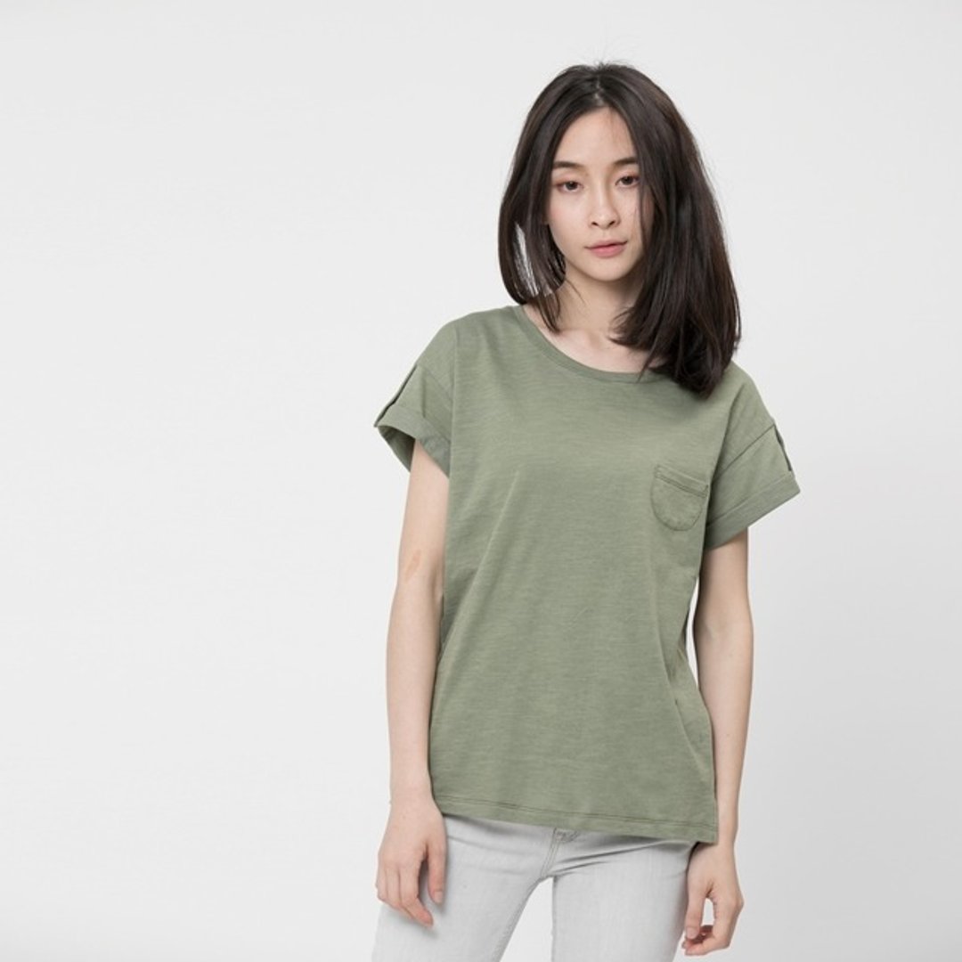 竹节棉褶袖钮扣上衣/军绿 - 女装 T 恤 - 棉 绿色