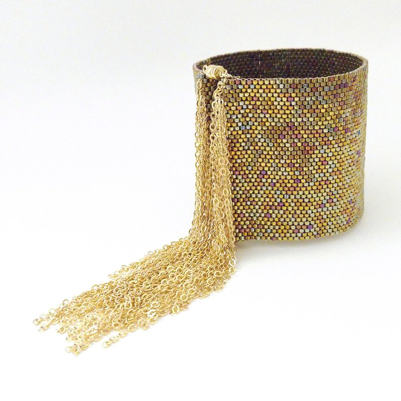 2 CUFFS, Gold Tassel Cuff, Tassel Chain Bracelet, Thick Tassel Cuff, Thick Gold Cuff, Beaded Cuff, Gold Bracelet - 手链/手环 - 玻璃 金色
