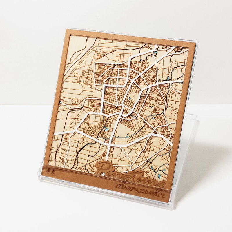 一方地图-屏东 | 台湾城市地图 | 定制化地图 - 摆饰 - 木头 多色