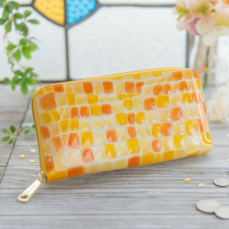 Made in Japan Cowhide Stained Glass Colored Glass Orange made in JAPAN handmade leather wallet - 皮夹/钱包 - 真皮 橘色