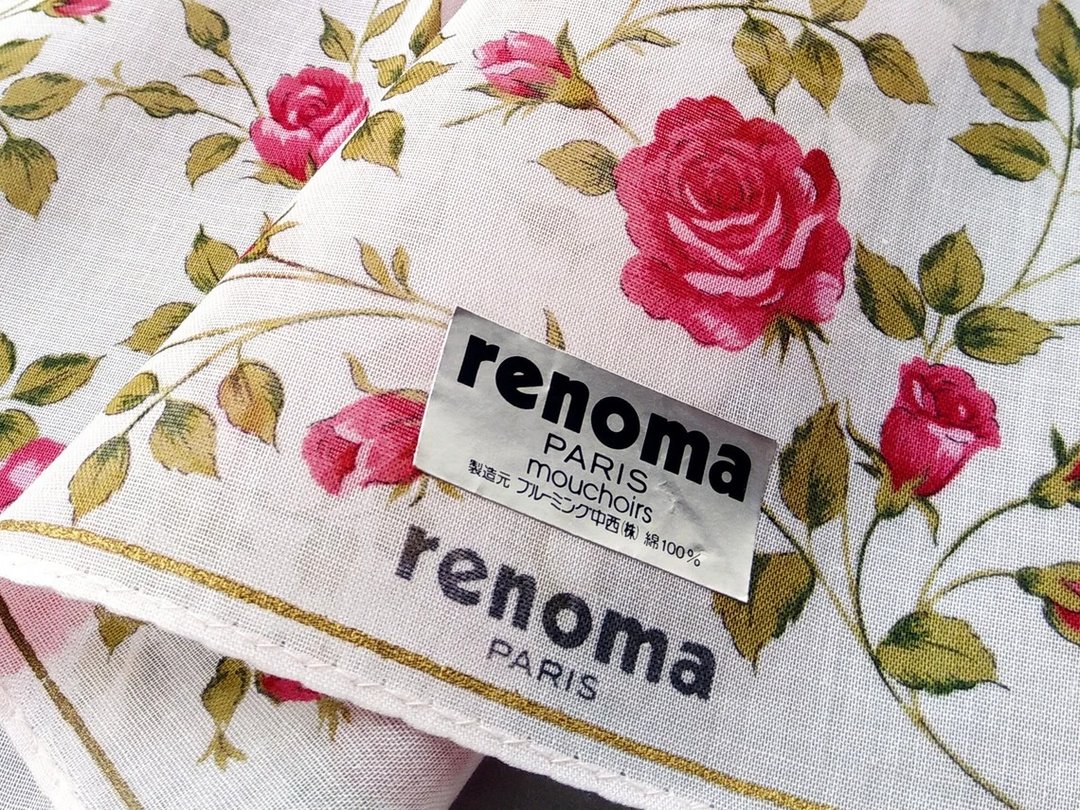 renoma Vintage Handkerchief 17 x 16.5 inches Floral Rose Women Handkerchief - 手帕/方巾 - 棉．麻 红色