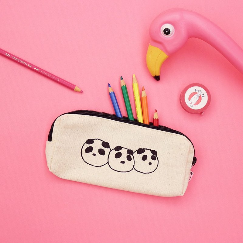 パン熊猫麻糬笔袋 / 绢版手工印刷 - 铅笔盒/笔袋 - 棉．麻 白色