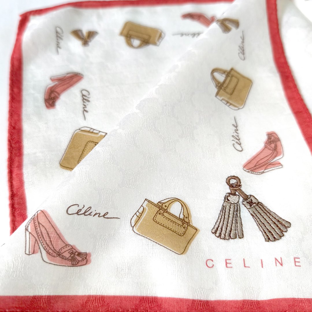 Celine 古董丝巾 缇花标志织纹与配饰 22.5 x 22.5 英寸 - 手帕/方巾 - 棉 白色