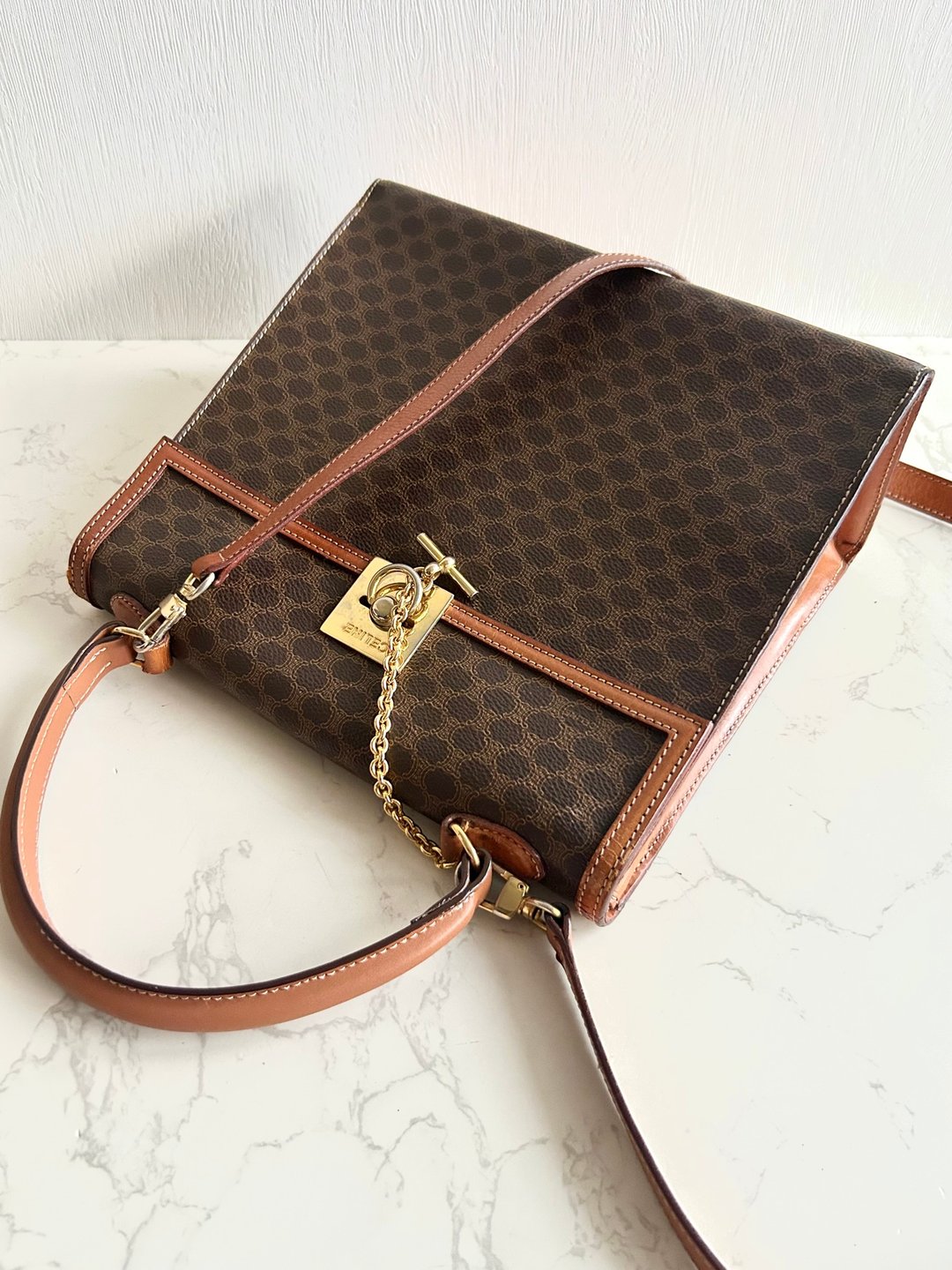 Celine 稀有陀表金链子老花凯莉包 中古包 二手包 侧背包 斜背包 - 侧背包/斜挎包 - 真皮 咖啡色