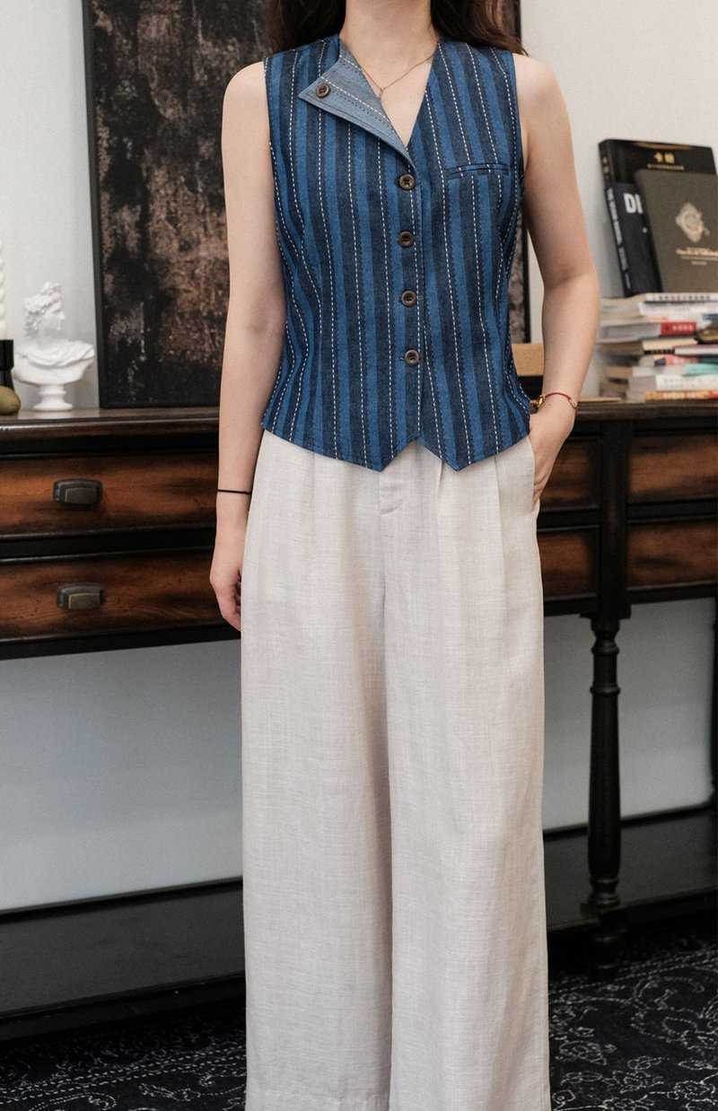 条纹西装背心无袖V领不对称牛仔马甲 - 女装背心 - 棉．麻 