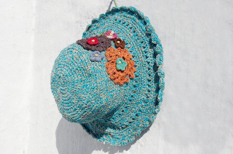 新年礼物 限量一件 手工编织棉麻帽/编织帽/渔夫帽/遮阳帽/草帽/草编帽 - Boho 编织花朵 森林风 ( 蓝色 ) - 帽子 - 棉．麻 多色