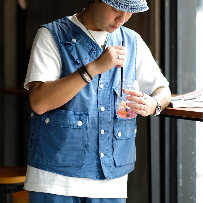 蓝染水洗抗撕裂多口袋马甲背心 - 男装背心 - 棉 