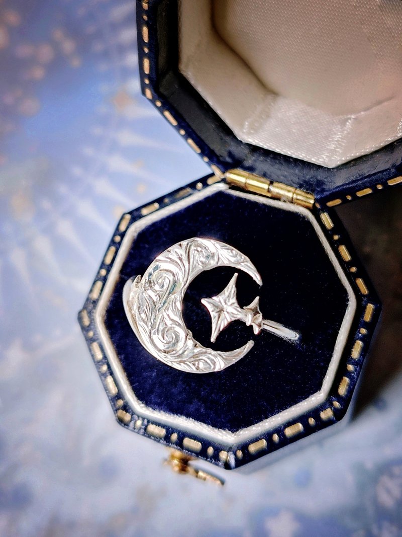 人手批花 唐草 12mm 月亮星星纯银开口戒指 - 戒指 - 纯银 银色