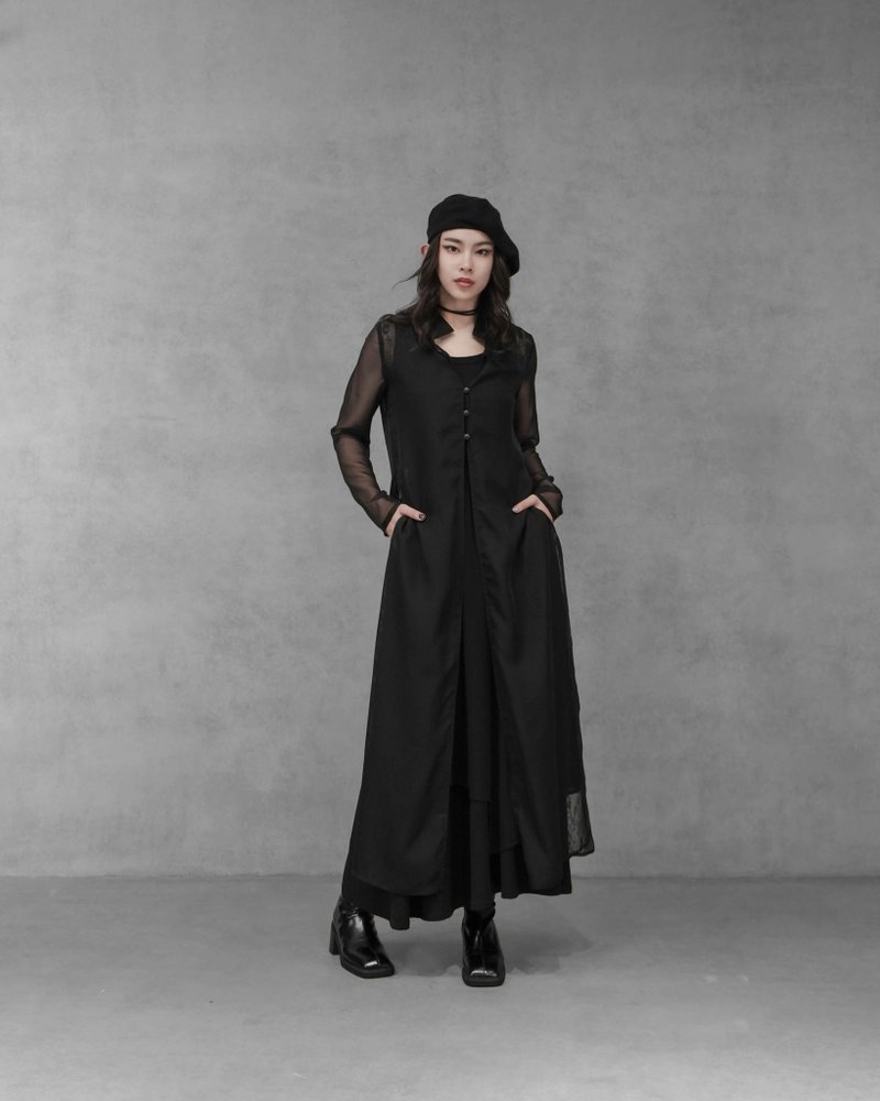 MUKK DESIGN 雪纺蕾丝开衩长版罩衫 - 女装上衣 - 聚酯纤维 黑色