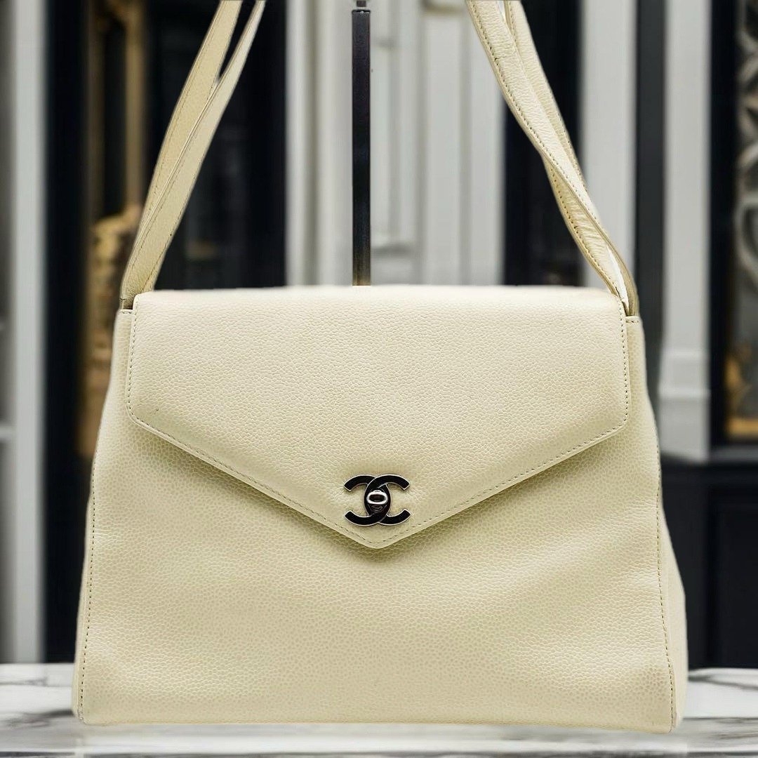 【特选货品】Chanel 米白色鱼子酱皮革凯莉单肩托特包侧背背孭手袋 - 侧背包/斜挎包 - 真皮 黑色