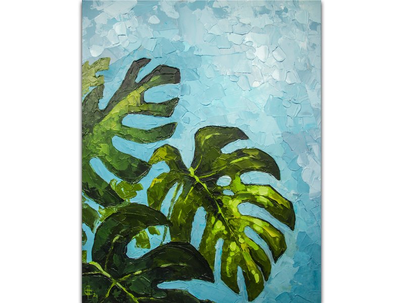 Monstera Painting Tropical Leaf Original Art Floral Artwork Botanical Oil Flower - 海报/装饰画/版画 - 其他材质 绿色
