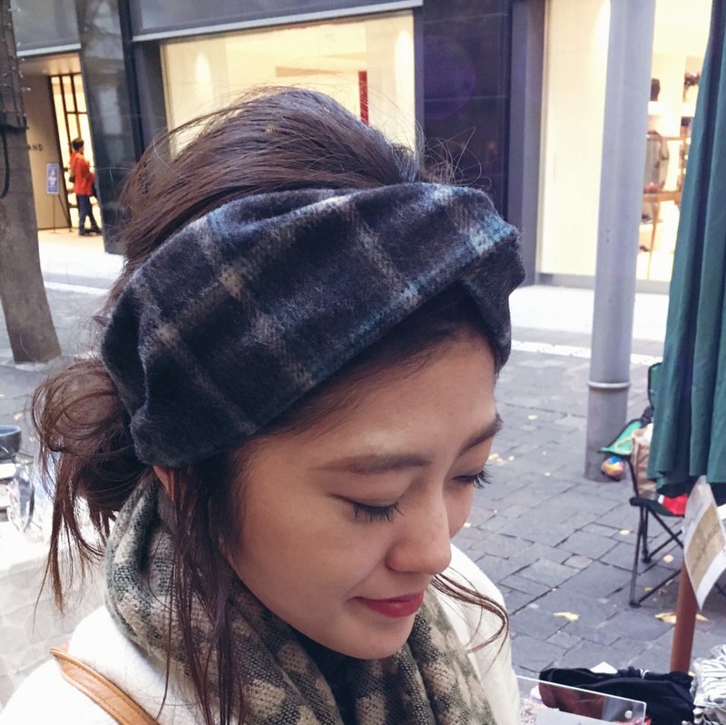 wool  hairband check pattern gray blue - 发带/发箍 - 棉．麻 灰色