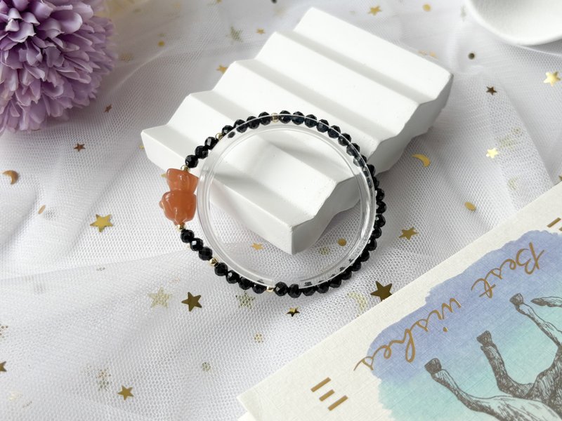 天然橙月光石小熊 黑尖晶 14K包金设计款手链 - 手链/手环 - 水晶 黑色