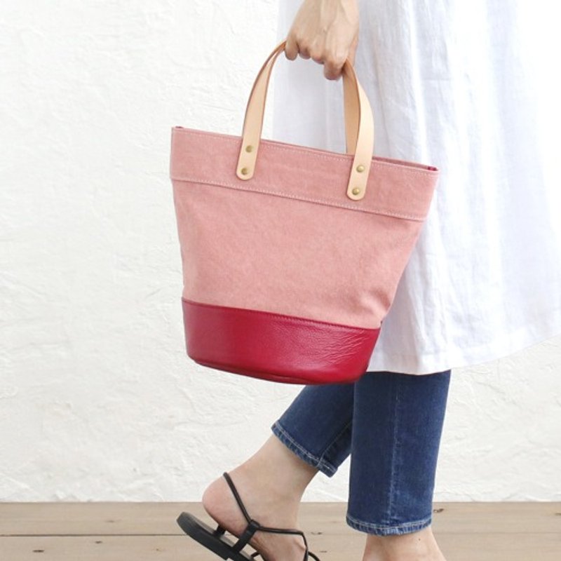 Pinkoi 代购 - 5号帆布皮革水桶型托特包Biowash帆布+真牛皮（粉红/红） - 手提包/手提袋 - 棉．麻 