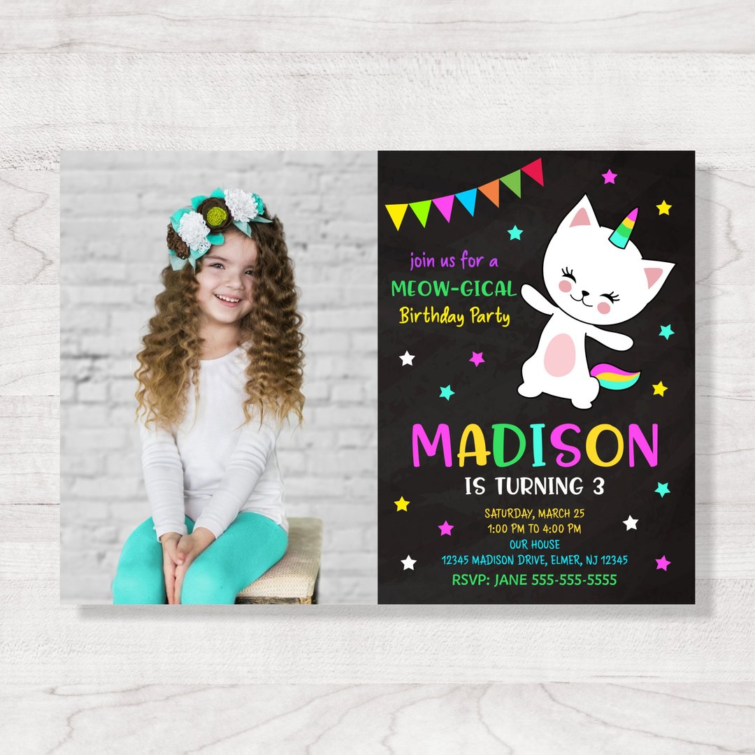 Caticorn Birthday Invitation, With Photo, Digital, Personalized - 电子喜帖/贺卡/邀请函 - 其他材质 