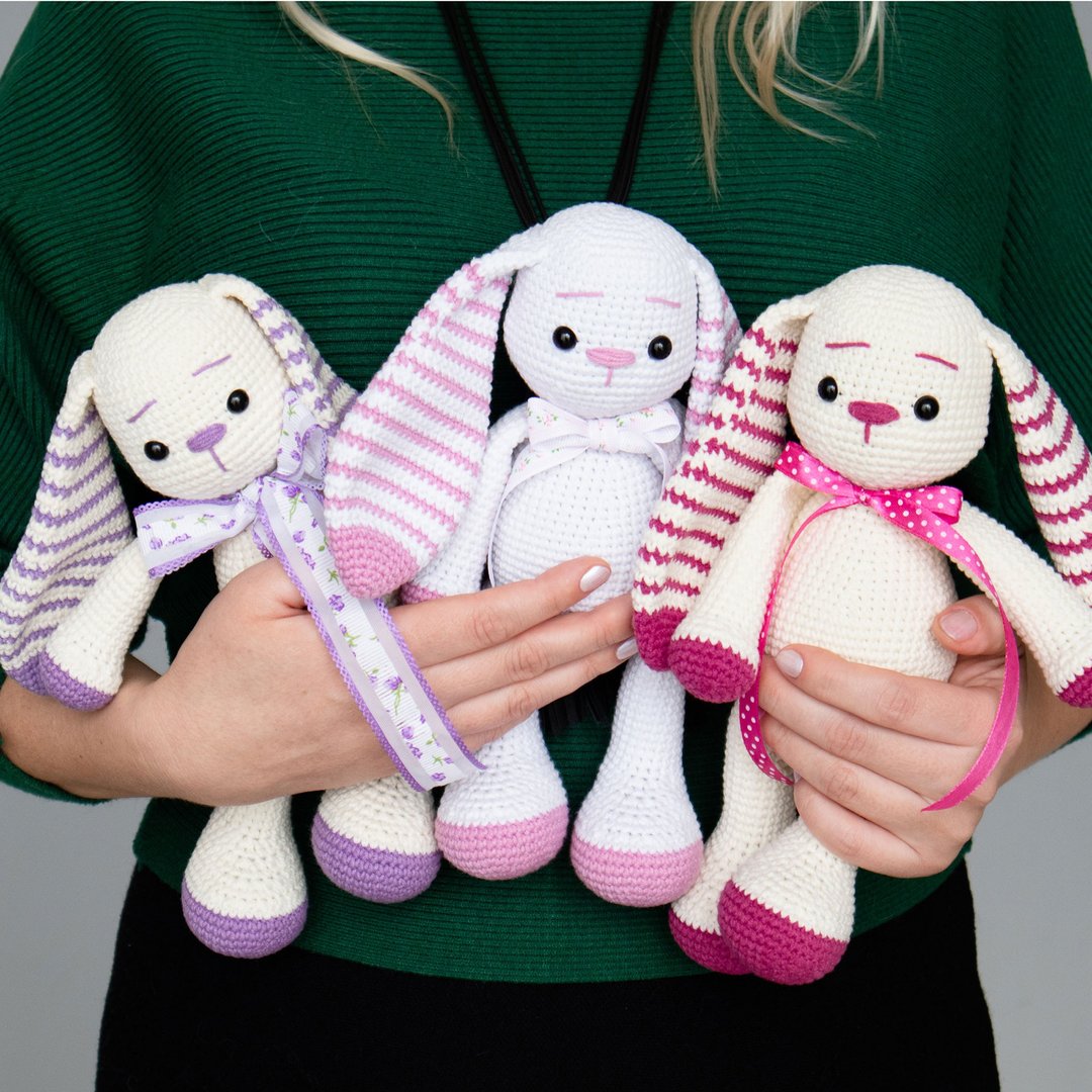 Stuffed Bunny toy with long striped long ears birthday gift idea for baby - 玩具/玩偶 - 棉 多色