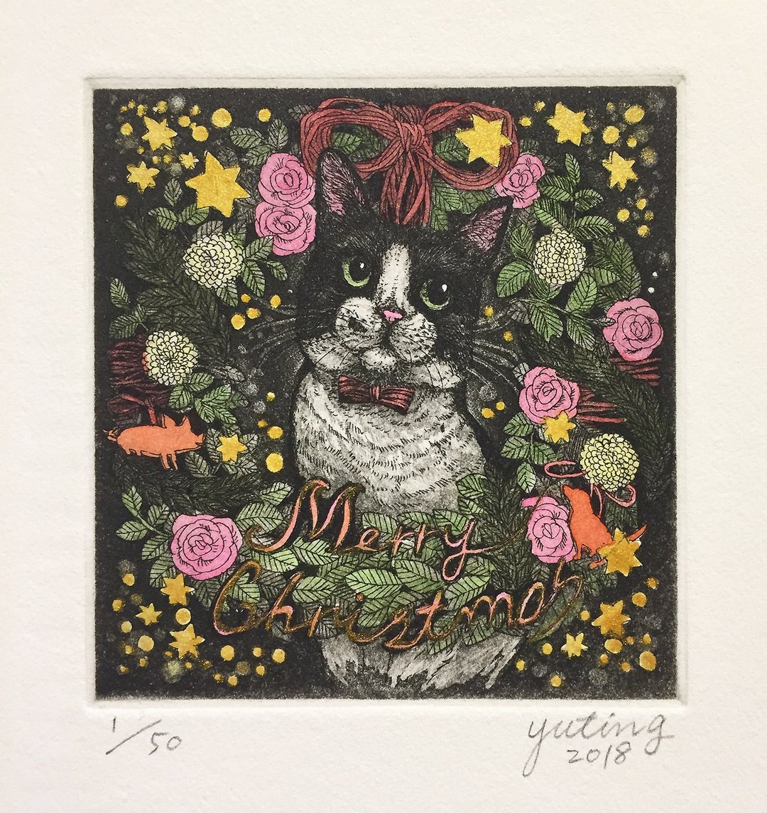 原作版画 - 圣诞花圈与芝麻- 苏钰婷 - 海报/装饰画/版画 - 纸 绿色