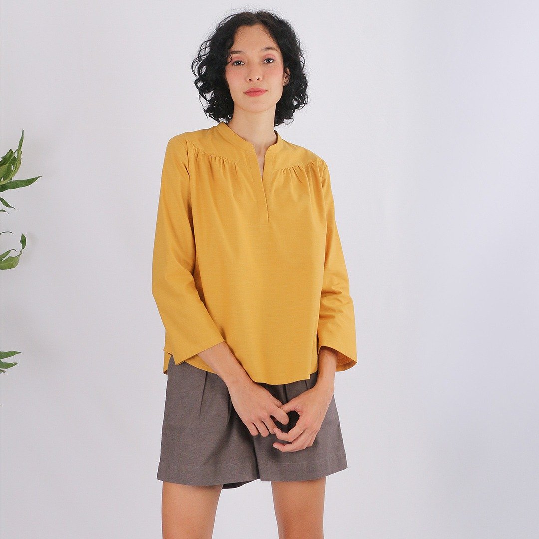 Cotton Linen Blouse, Manila, Yellow - 女装上衣 - 棉 黄色