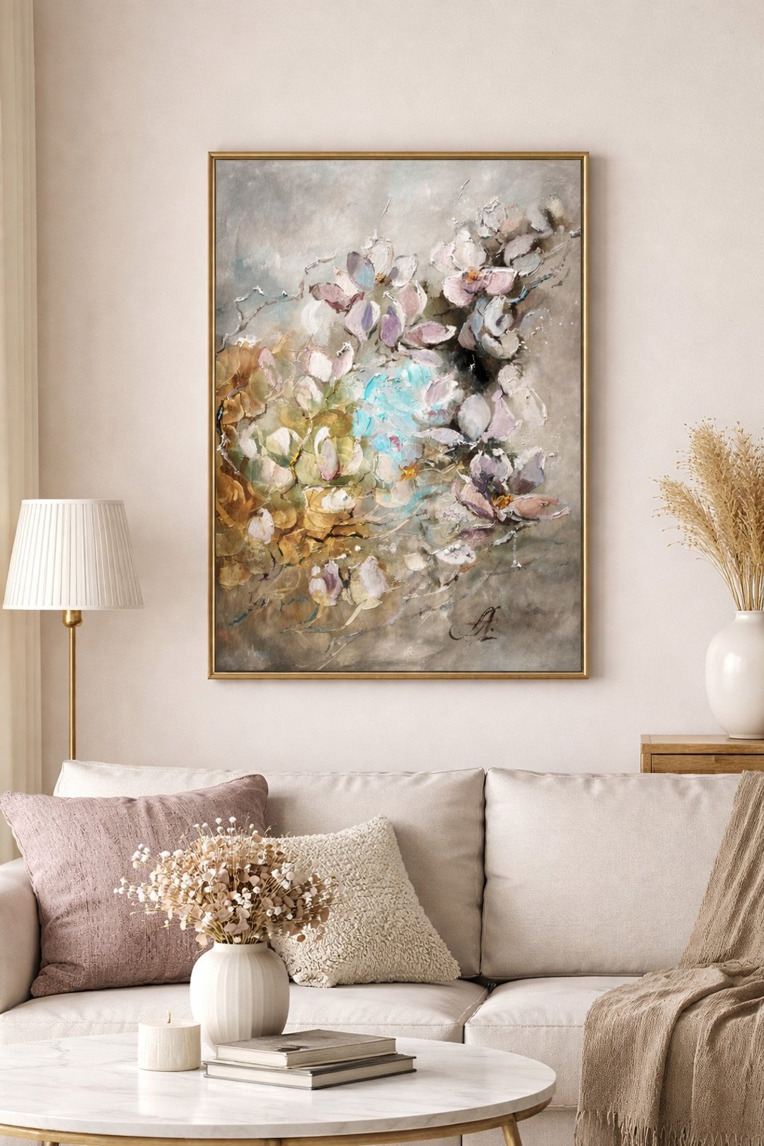 情人节花卉油画、原创油画、波西米亚风墙艺术画布、独特的手工绘 - 墙贴/壁贴 - 其他材质 灰色