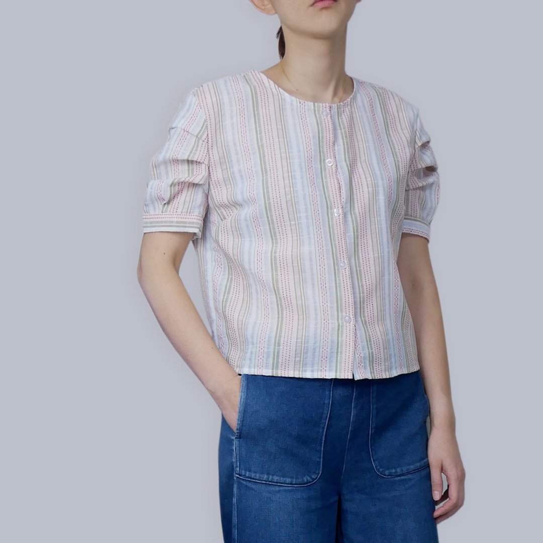 棉麻混纺彩条澎袖上衣 - 女装上衣 - 棉 多色
