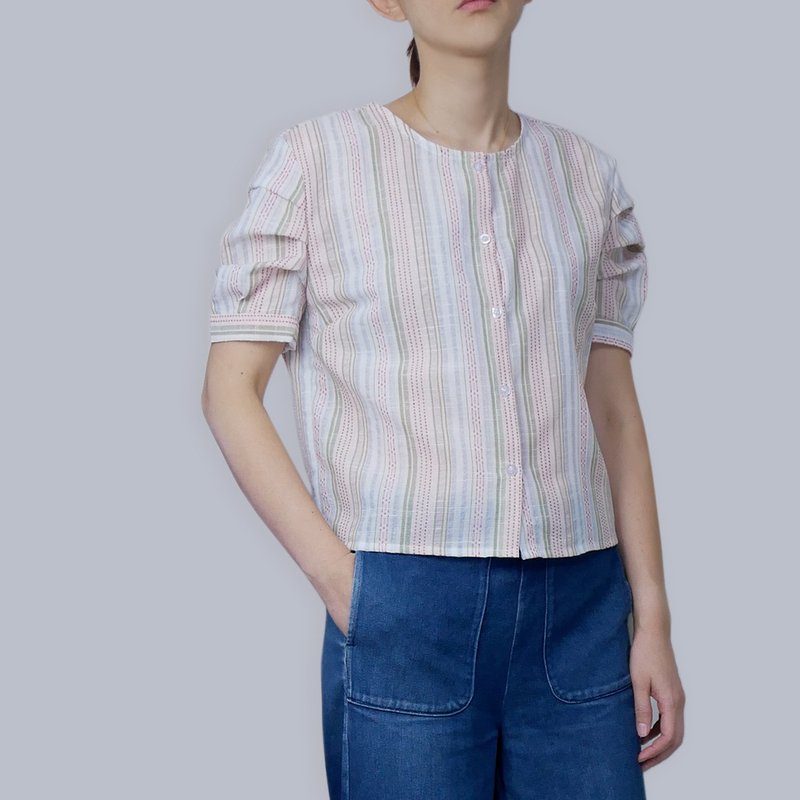 棉麻混纺彩条澎袖上衣 - 女装上衣 - 棉．麻 多色