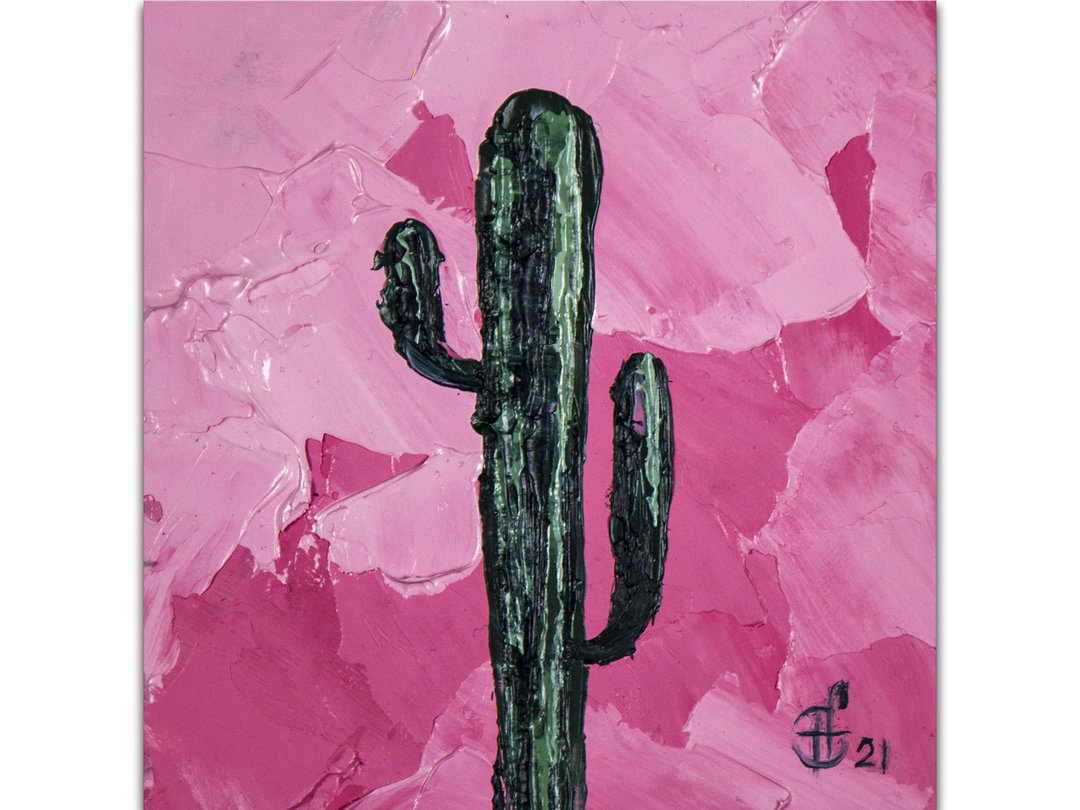 Cactus Painting Floral Original Art Impasto Flower Artwork Small Oil Painting - 海报/装饰画/版画 - 其他材质 粉红色