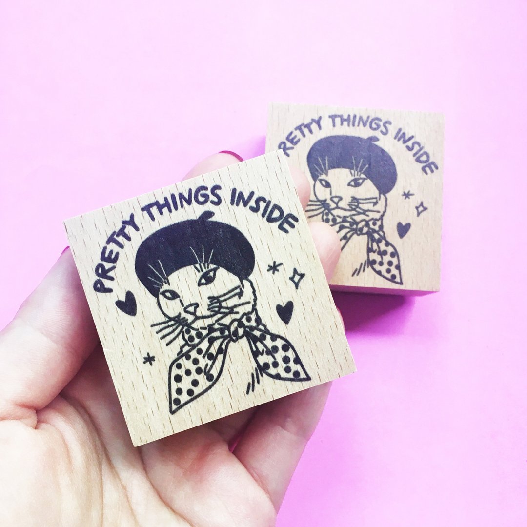 Pretty Things Inside Cat Meme Rubber Stamp snail mail wooden block stamp - 印章/印台 - 木头 