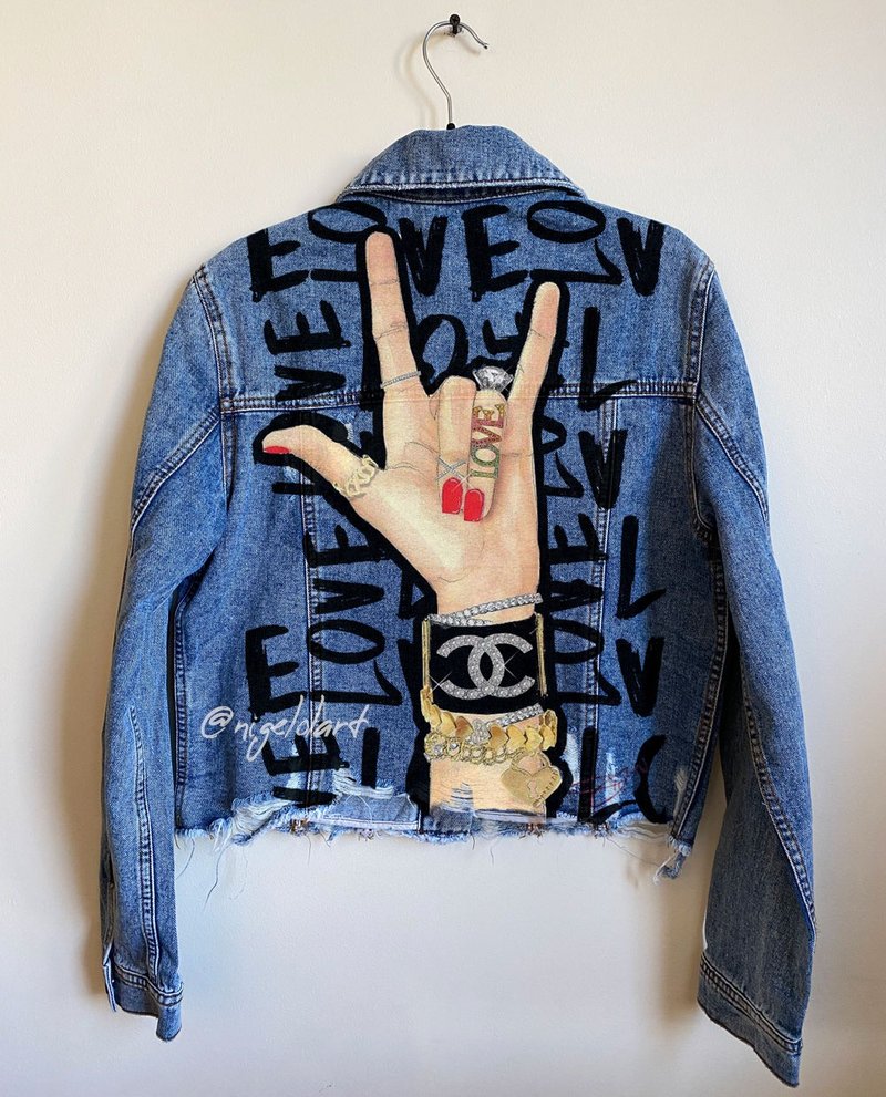 Painted Denim Jacket Handmade Custom jacket Chanel gift for her Gift - 女装休闲/机能外套 - 棉．麻 多色