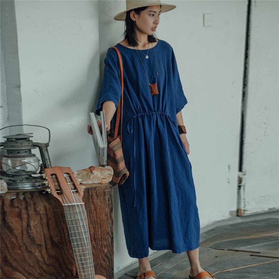 靛藍 蝙蝠袖寬松休閒漢麻洋裝 大尺碼圓領連衣裙長裙 - 洋装/连衣裙 - 棉 蓝色