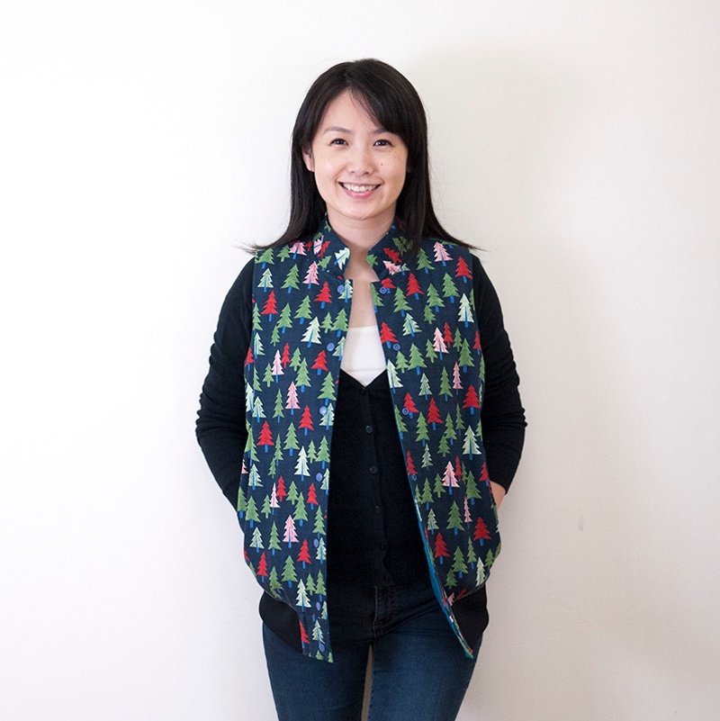小松树双面铺棉背心_海军蓝与蓝绿色_大人款 (男女款) - 女装背心 - 棉．麻 蓝色