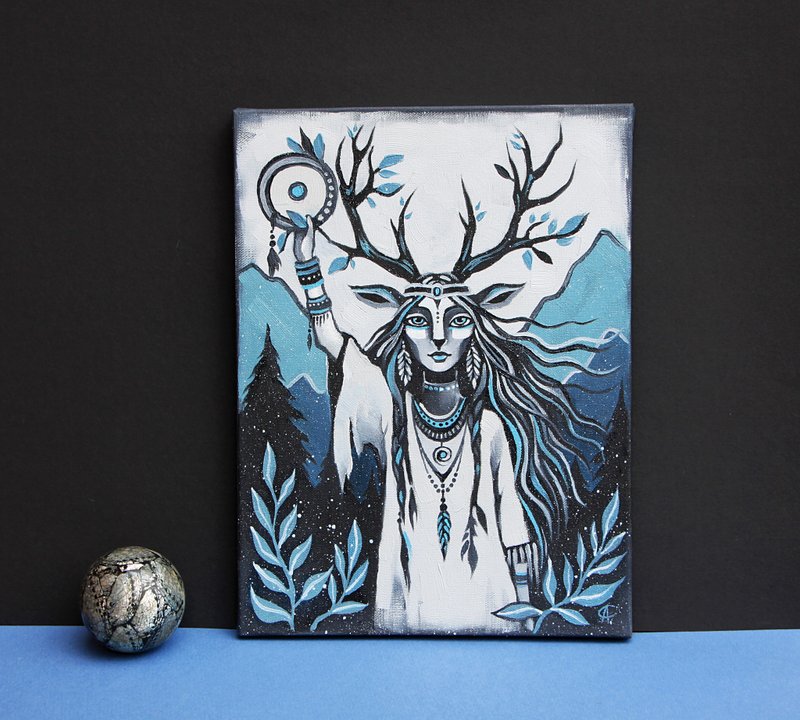 萨满绘画。民族原创油艺。幻想艺术品。童话般的装饰 - 海报/装饰画/版画 - 其他材质 蓝色