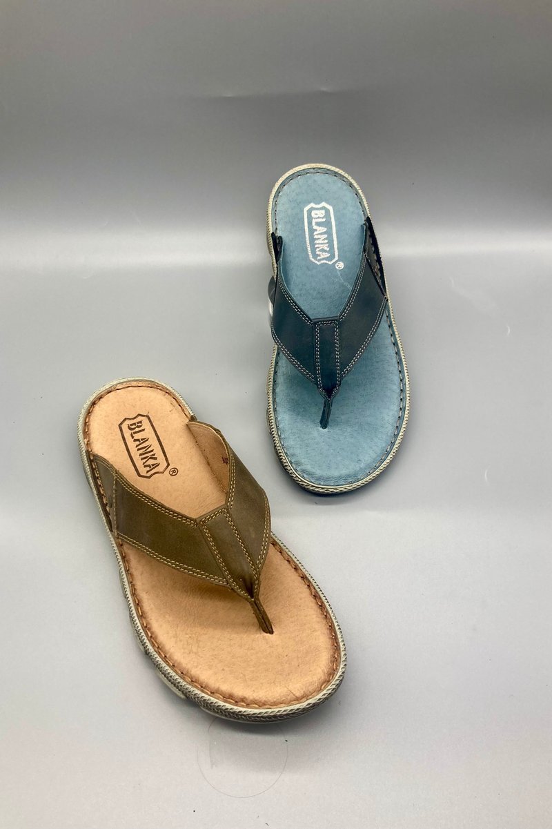 2305 轻量化 擦色大底 夹脚真皮拖鞋 男手工鞋 缝线 - 男女凉鞋 - 真皮 绿色