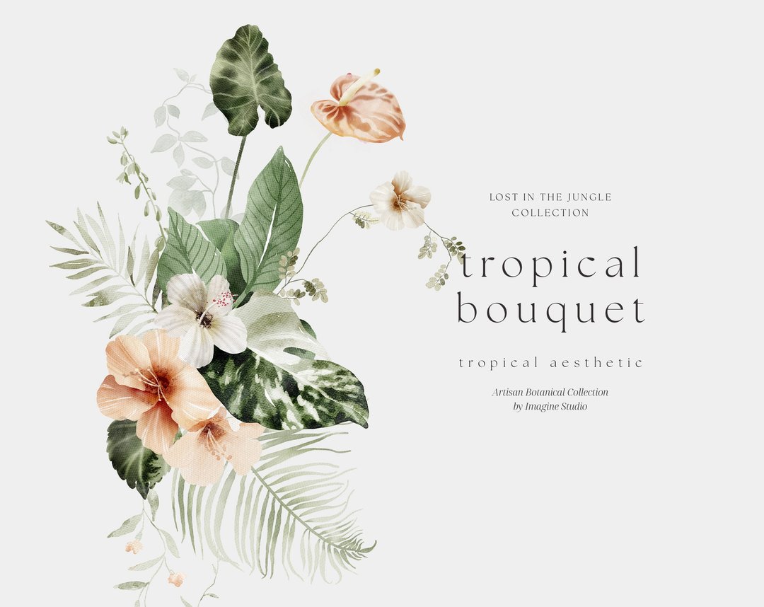 Watercolor Tropical Floral Bouquet, Floral Jungle Arrangement Watercolor Art - 电子手绘真人画像/绘画/插画 - 其他材质 