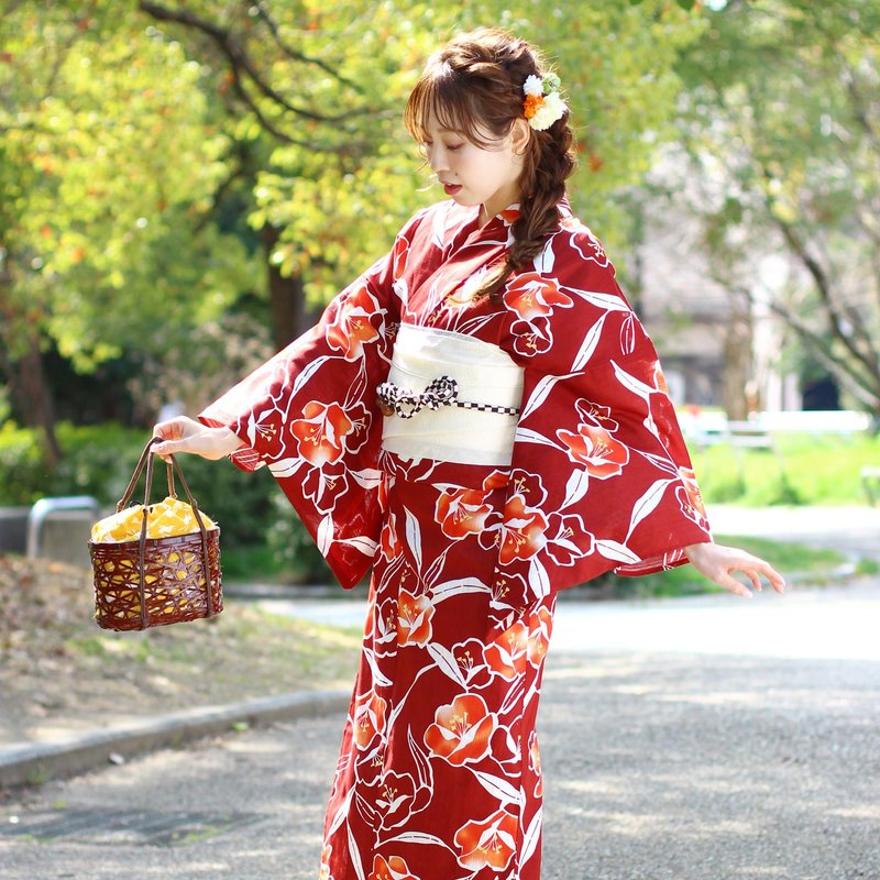 日本 和服 日本染色 梭织 女性 浴衣 腰带 2件组 F x71-b4 yukata - 其他 - 棉．麻 红色