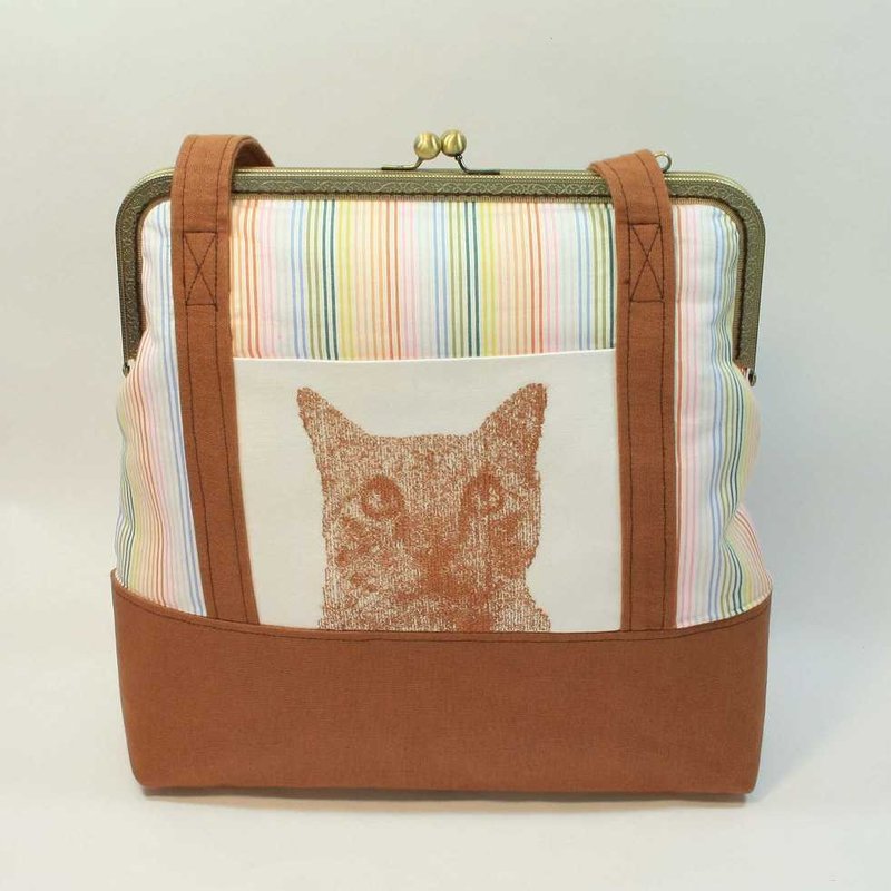 刺绣 30cmㄇ型口金大托特包01--猫头 - 侧背包/斜挎包 - 棉．麻 咖啡色