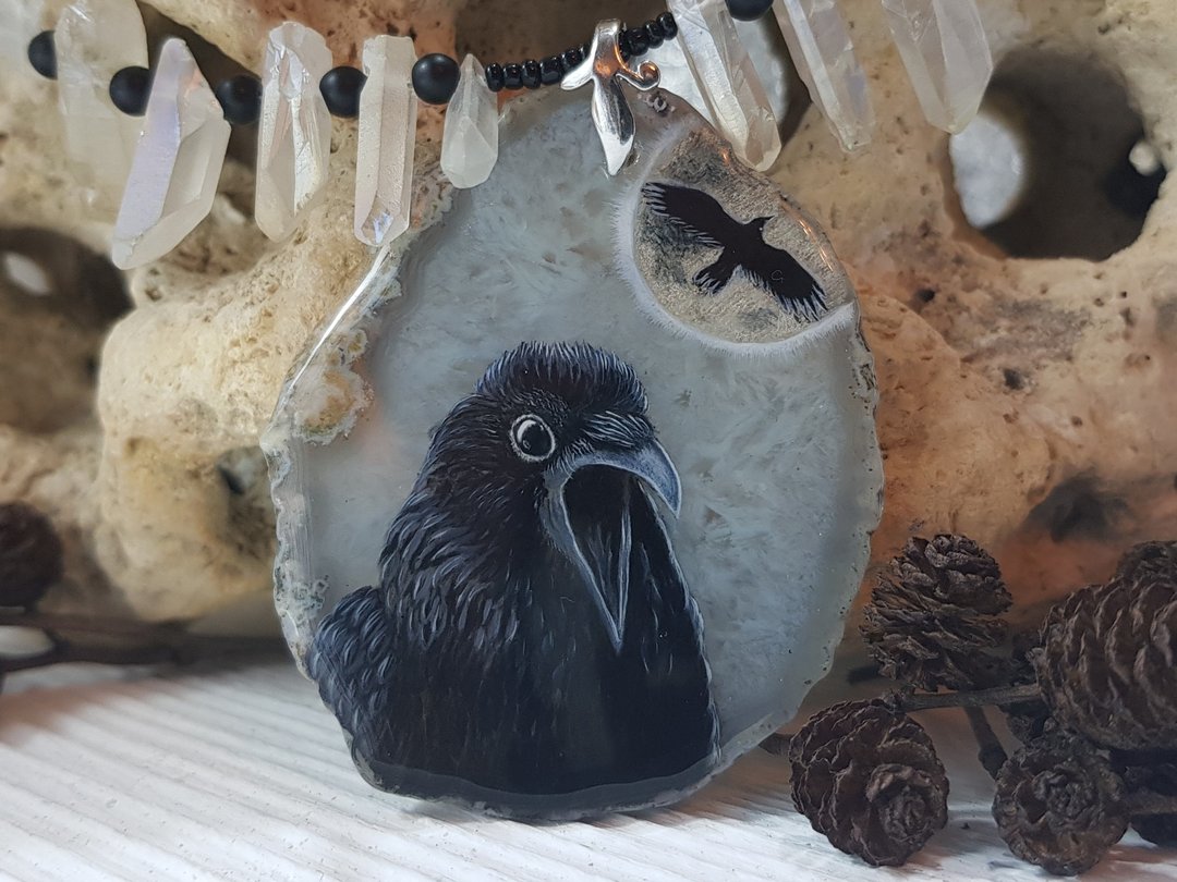 Raven Necklace Moon crow Viking Pendant Nordic amulet Elite shungite Raw quartz - 项链 - 石头 黑色