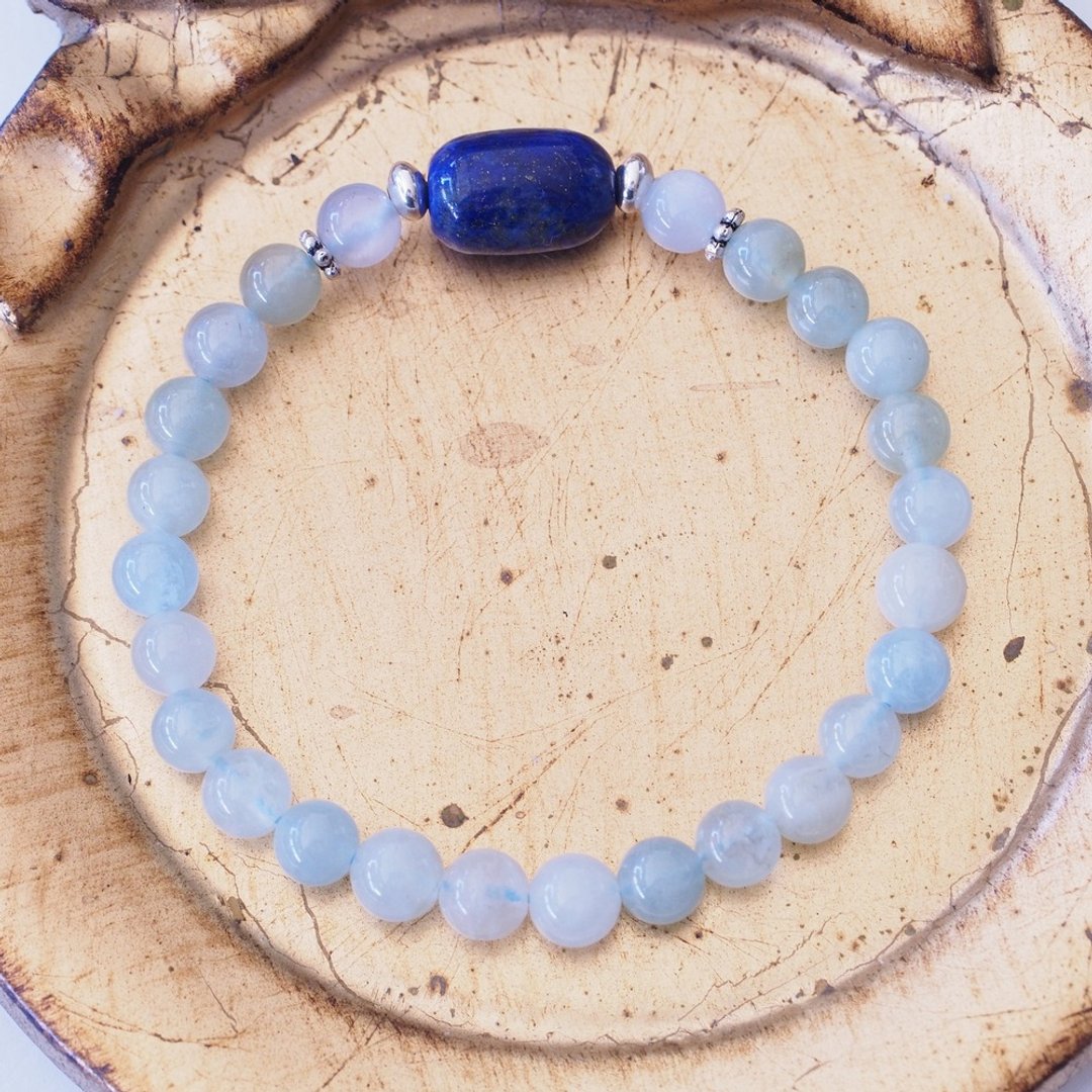 青金石 灰月光石 绿柱石 纯银手环 Lapis Lazuli Silver Bracelet - 手链/手环 - 半宝石 蓝色