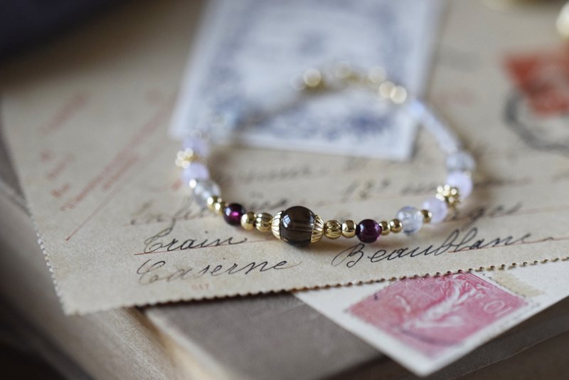 辉夜姬。茶晶 石榴石 薰衣草紫晶 拉长石 14KGP 天然石水晶 手链 - 手链/手环 - 水晶 灰色