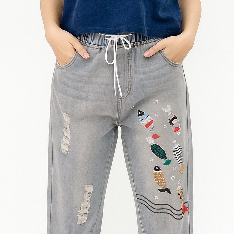 Fish Pants - 刺绣鱼纹九分裤 - 女装长裤 - 棉．麻 蓝色