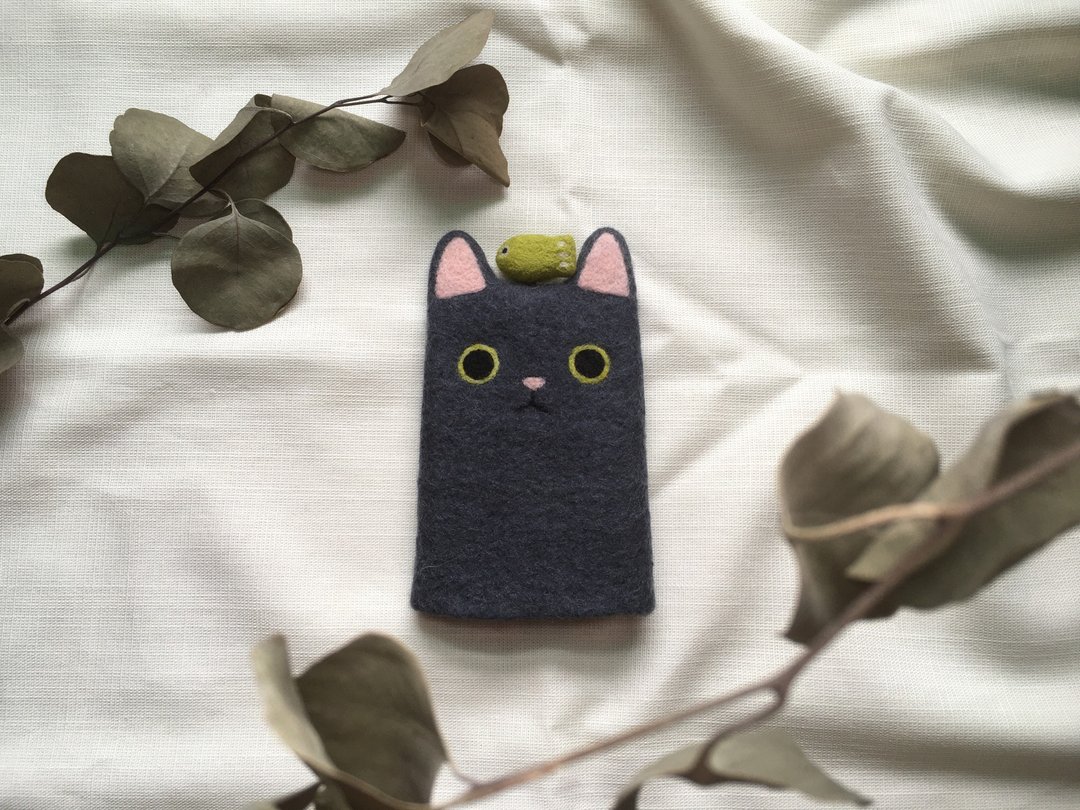 猫咪 羊毛毡  票卡套 证件套 钥匙包 纯手工制作 - 钥匙链/钥匙包 - 羊毛 灰色