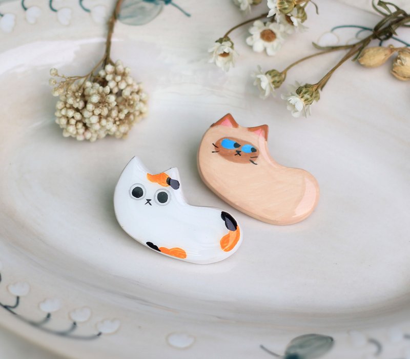 三花猫 / 暹罗猫 手作 发夹 / 鸭嘴夹 / 发饰 / 猫咪 - 发饰 - 粘土 白色