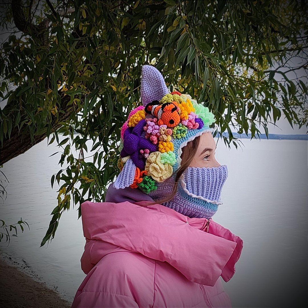 Balaclava crocheted. Balaclava Face Mask. Art balaclava Funny shark. Hat warm. - 帽子 - 压克力 多色