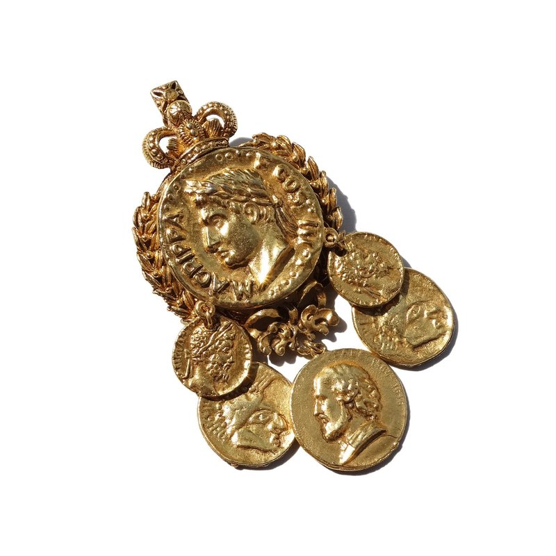 80s Roman MACRIPPA F COS vintage gold tone coin brooch & pendant top - 胸针 - 其他材质 金色