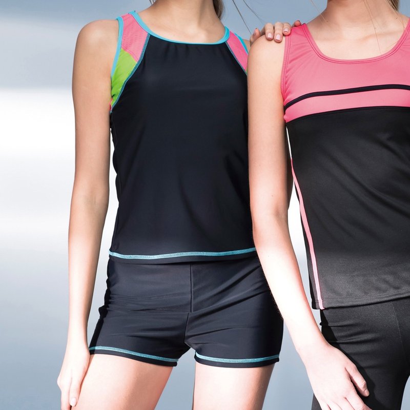 (图左)素色基本款两截裤泳装(附衬垫及泳帽) - 女装泳衣/比基尼 - 尼龙 黑色