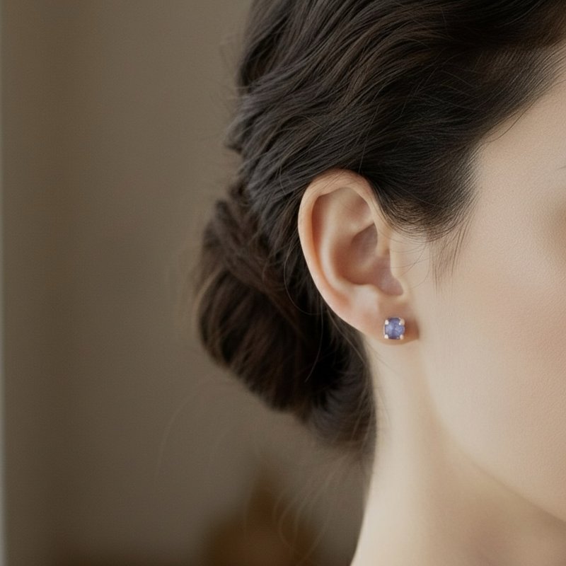 ll 4mm坦桑石 ll 925纯银耳针 丹泉石 坦桑石 耳环 一对 ER-00014 - 耳环/耳夹 - 半宝石 紫色