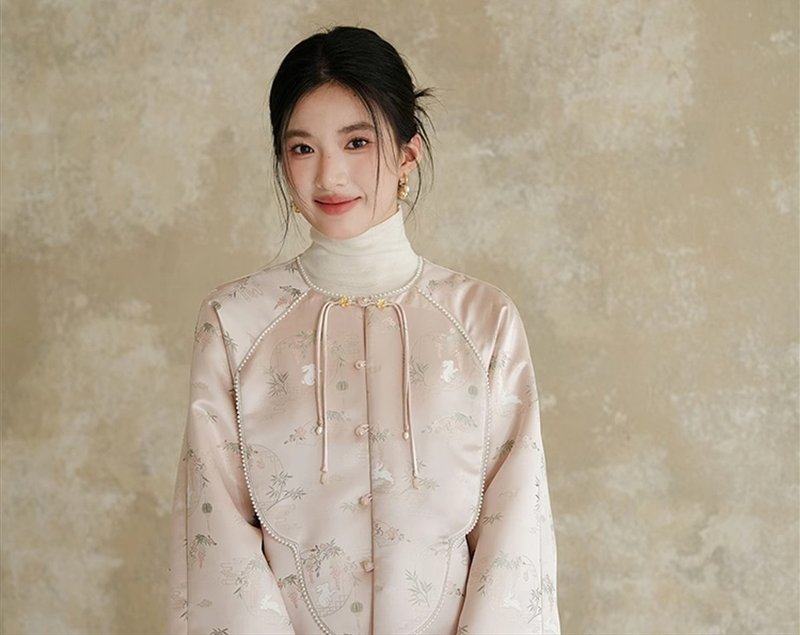 新中式復古中國風 织金提花圆领外套 - 女装上衣 - 聚酯纤维 粉红色